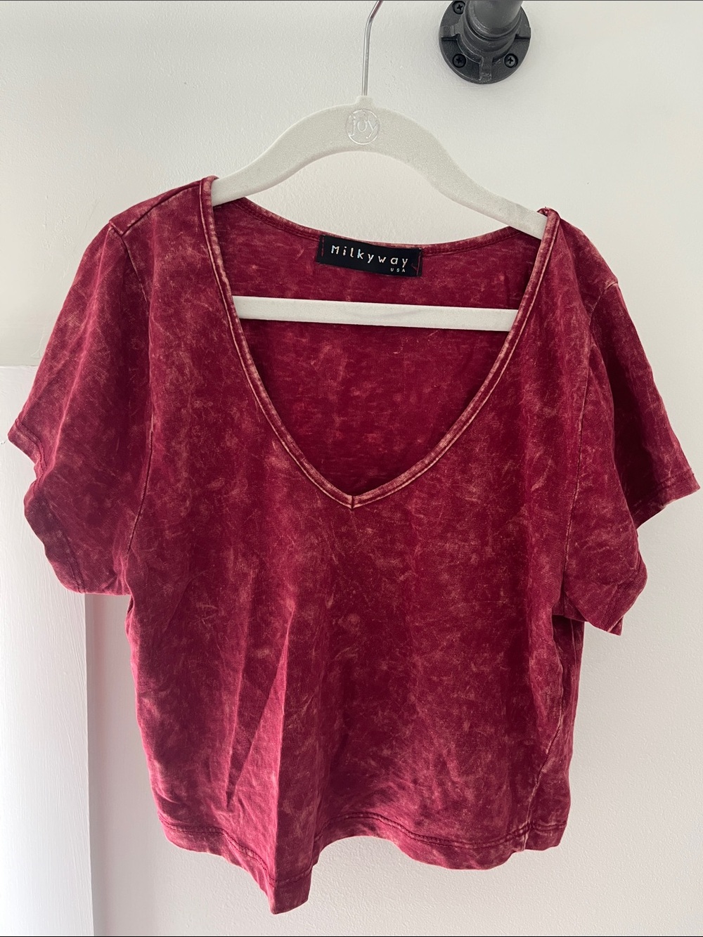 Milky Way Acid Washed Red/Burgundy V-Neck Cropped Short Sleeve Tee
